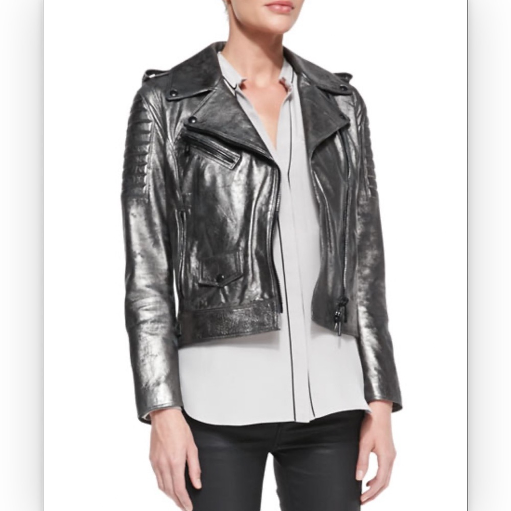 BELSTAFF Metallic Sliver Leather Moto Biker Jacket